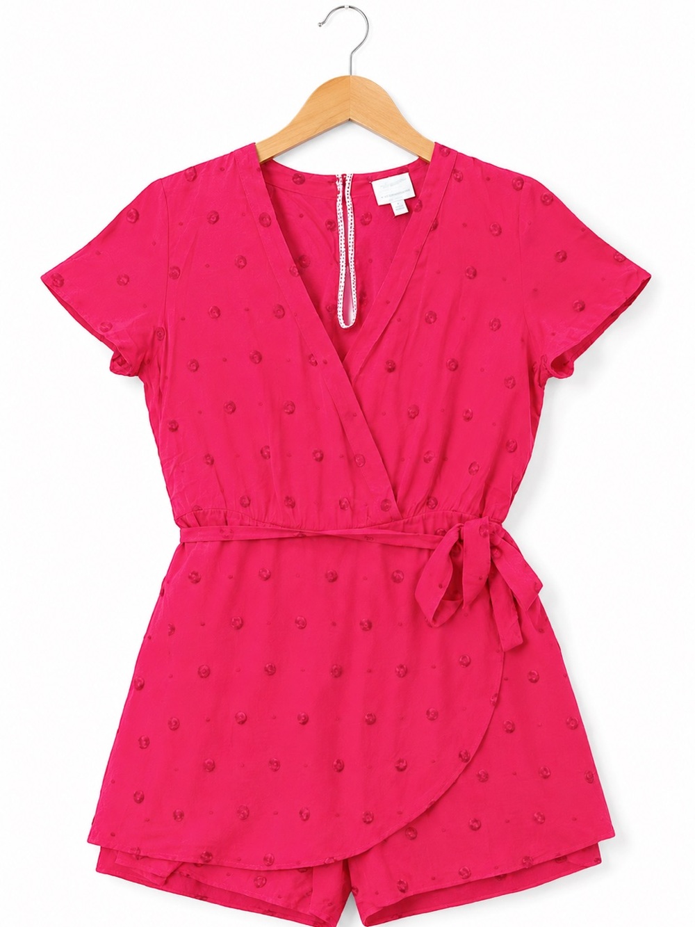 Anthropologie EET:TWA fuschia Swiss Dot Wrap Romper Tie Waist comfy chic vacay S